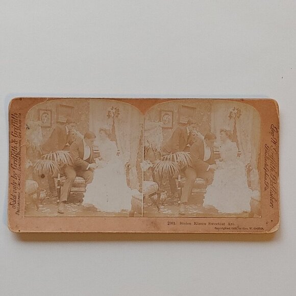 ANTIQUE Stereograph Card "Stolen Kisses Sweetest Are" 1900 Victorian Scene - Picture 1 of 5